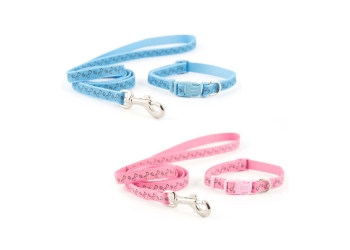 Small Bite Refl Paw&Bone Collar Lead Set Blue