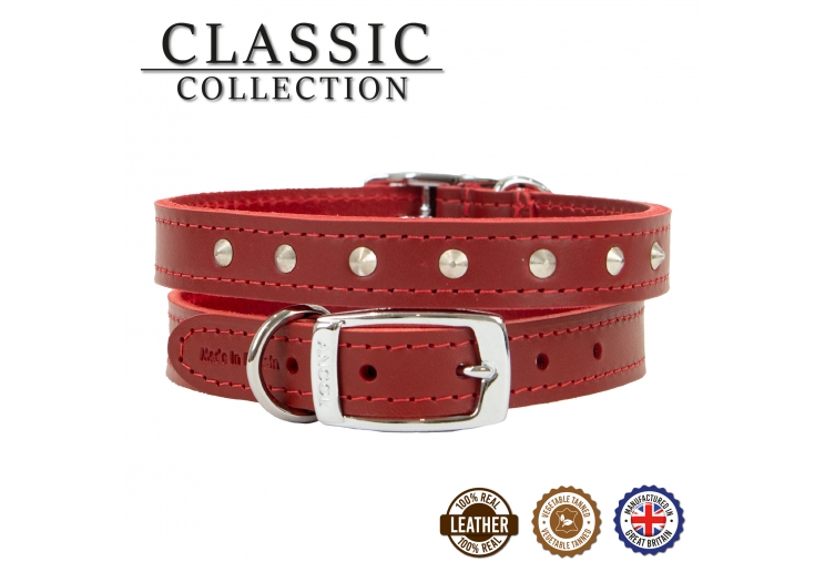 Leather Stud Collar Red 20-26cm Size 1