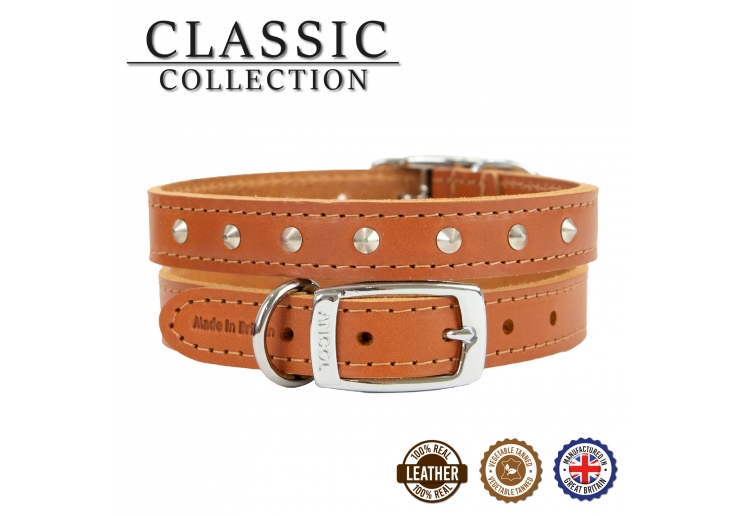 Leather Stud Collar Tan 28-36cm Size 3