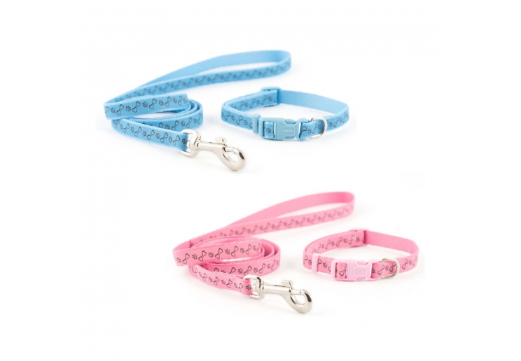 Small Bite Refl Paw&Bone Collar Lead Set Blue
