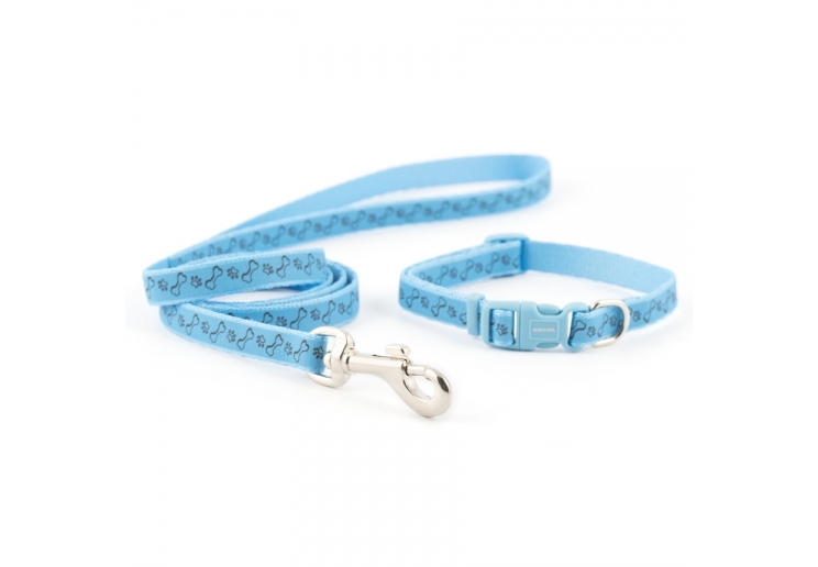Small Bite Refl Paw&Bone Collar Lead Set Blue